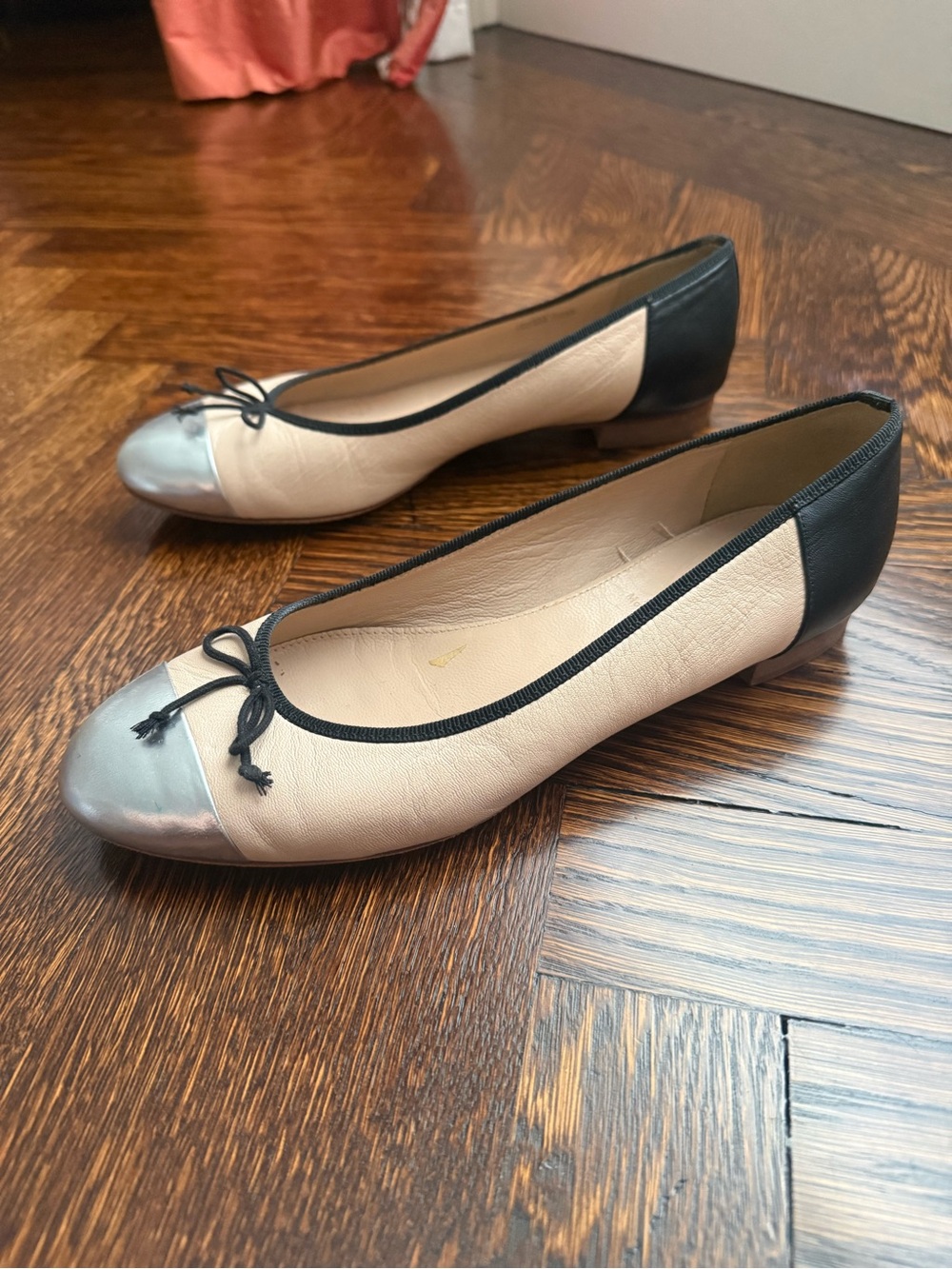 J. Crew Kiki Contrast Ballet Flats in Beige with Silver Toe and Black Trim - Picture 2 of 5